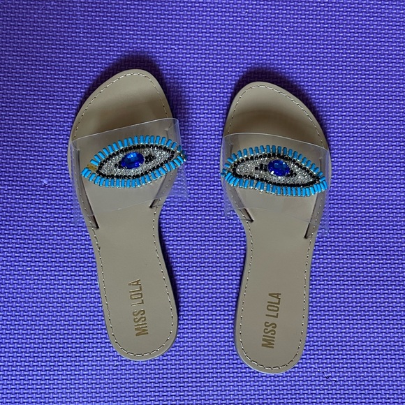 NWOT CLEAR Evil Eye Good Vibes Sequin Bead Sandals - Picture 2 of 4